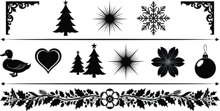 Collection of black silhouette decorative including christmas trees, snowflakes, a duck, a heart, a bauble, and floral borders