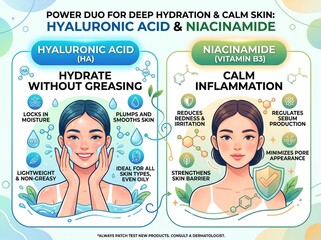 Obraz premium Hyaluronic Acid and Niacinamide Power Duo Skincare Infographic — Deep Hydration and Calm Inflammation Comparison