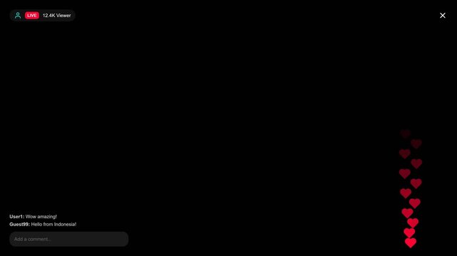 Live streaming video player interface with chat comments and heart reactions