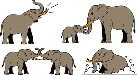 Cartoon Elephant Family Activity Vector Set Featuring Safari Wildlife Interaction Playful Animal Characters and Nature Illustration Collection © MdMamnur