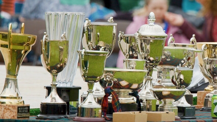 Naklejka premium Collection of Silver and Gold Trophies at Outdoor Highland Games Event