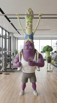 Cartoon vegetables at gym, asparagus doing pull-ups sitting on eggplant&rsquo;s shoulders, fitness, humor, healthy lifestyle, training, sport, exercise, muscle, wellness, fun, motivation, illustration