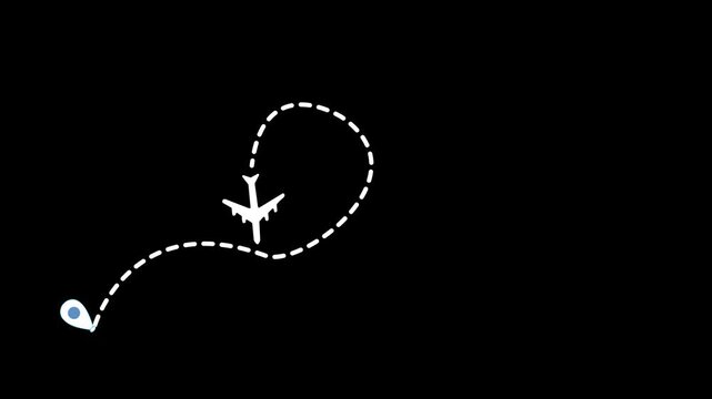 Airplane line path animation, Airplane flight route with start points animation on transparent background, Air plane flight route with dash line 4k  video.