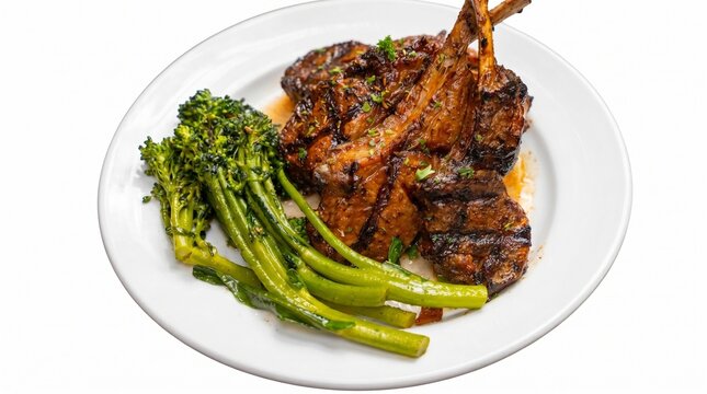 Grilled lamb chops with roasted broccolini on a white plate served with sauce gourmet meal on isolated background