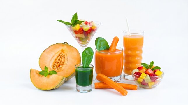 Fresh fruit and vegetable juices with ingredients on white background healthy drinks concept with melon carrots and greens