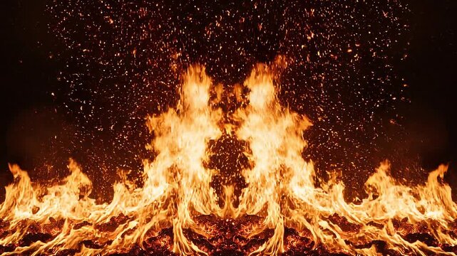 Animated fire frame on black background concept. Bright orange blazing fire with sparks and glowing embers on a dark background