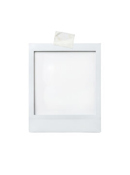 Blank white Polaroid photo frame with sticky note, transparent background