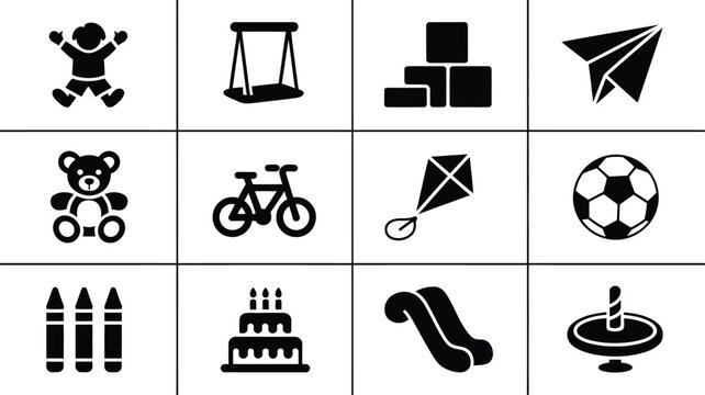 A clean grid layout of 12 minimal black icons including a teddy bear bicycle kite soccer ball and other playful symbols on a white background