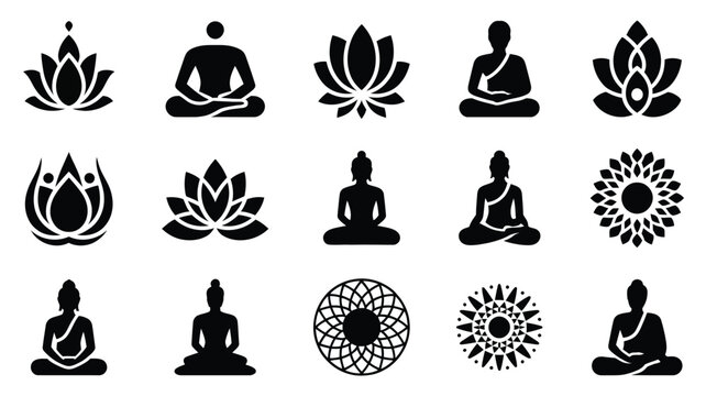 Set of 12 black geometric silhouette icons featuring buddha and lotus flowers in various meditative poses and floral patterns on white background for mindfulness and spirituality