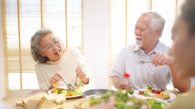 Happy Asian senior couple enjoying dinner together with family at home, elderly mother smiling during shared mealtime, multi-generation family bonding and healthy domestic lifestyle