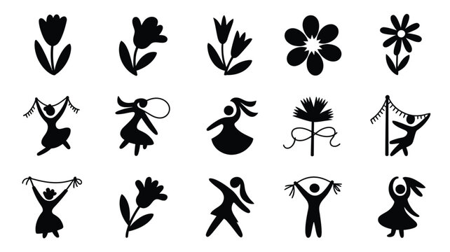 Collection of 12 hand drawn style silhouettes of people dancing and flowers on white background