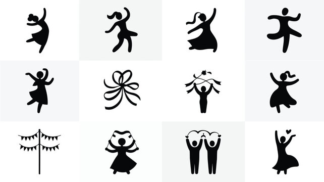 Minimalist icon set featuring 12 black silhouette symbols for dance emotion and expression on white background