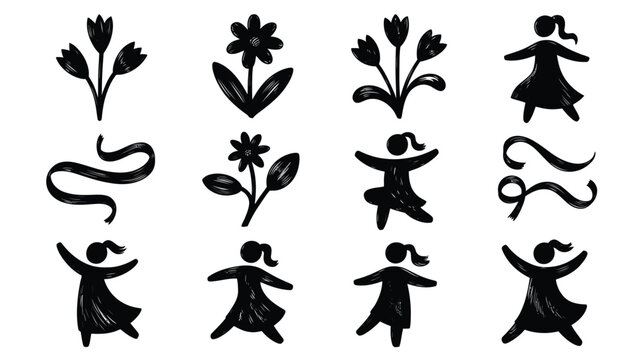Collection of hand drawn silhouettes of people dancing with flowers and plants on white background