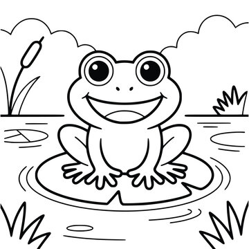 Smiling frog sitting on a lily pad in a pond
