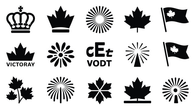 Canadian themed icon collection featuring maple leaves crowns and patriotic symbols in bold monochromatic designs