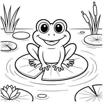 Smiling frog sitting on a lily pad in a pond