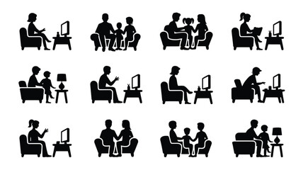 Fototapeta premium Family and friends relaxing and socializing in silhouette living room modern minimalist style group activities watching chatting reading
