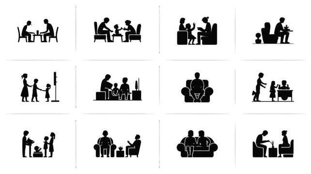 Minimalist black silhouettes of people engaged in various activities arranged in a clean 3x4 grid layout depicted in a modern flat design style with dynamic interactions