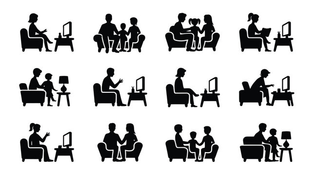 Family and friends relaxing and socializing in silhouette living room modern minimalist style group activities watching chatting reading