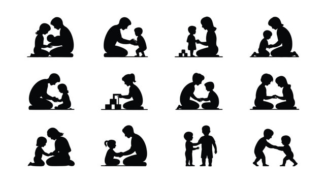 Silhouettes of families engaging in tender moments parent child bonding playful interactions and affectionate gestures in a minimalist black design