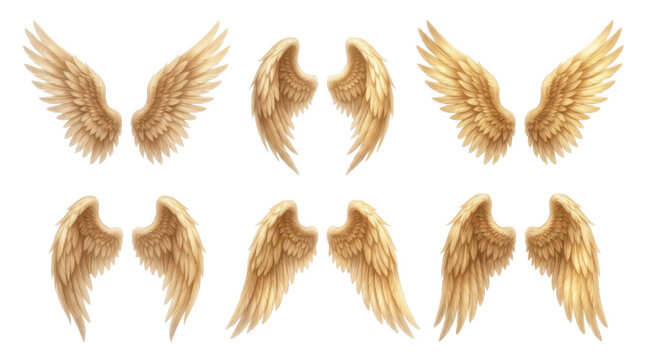 Set of golden angel wings isolated on transparent background