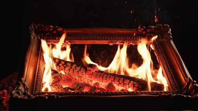Burning wooden logs inside an ornate vintage frame with bright flames on black background