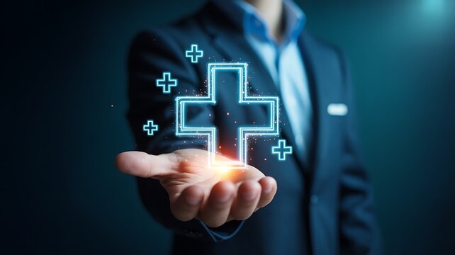 A man in a business suit presents a glowing blue medical cross symbol with smaller crosses floating around it.