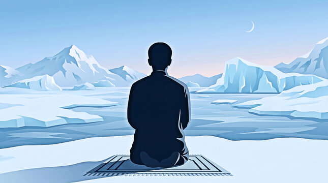 Muslim Man Silhouette Praying on Prayer Mat in Arctic Ice Snow Landscape