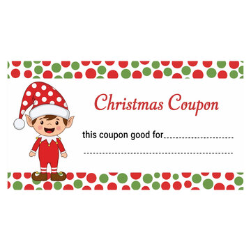 Christmas coupon with a cartoon elf character and red and green polka dot border holiday