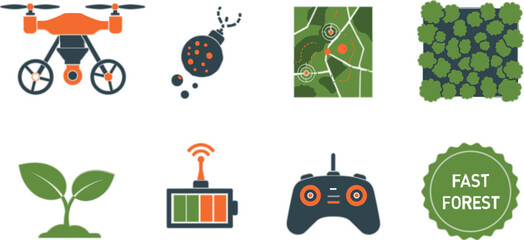 Fototapeta premium Forest Drone Monitoring Icon Set with Smart Farming Mapping Tree Plantation Battery Control and Environmental Technology Vector Elements