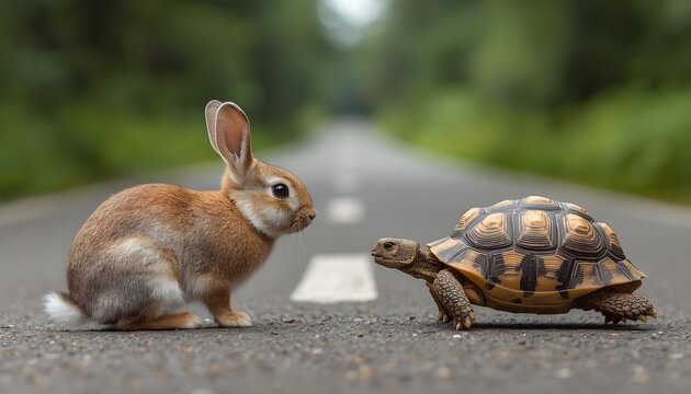 A rabbit and a turtle face each other on an empty road