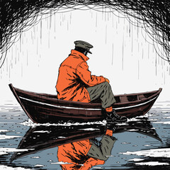 Lonely Man Sitting in Boat Black and White Artwork. © zixu