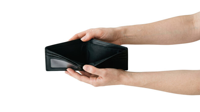 Empty black wallet held in hands isolated on transparent background