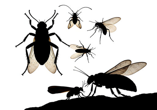 Black Flies Silhouette on White Background