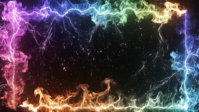 Colorful electric lightning and fire smoke energy frame on dark background for dynamic design