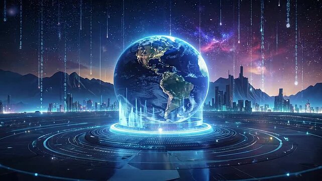 A glowing digital globe sits above a futuristic city landscape at night
