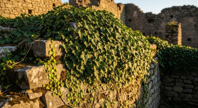 Sprawling Ivy Vines Covering Ancient Stone Wall