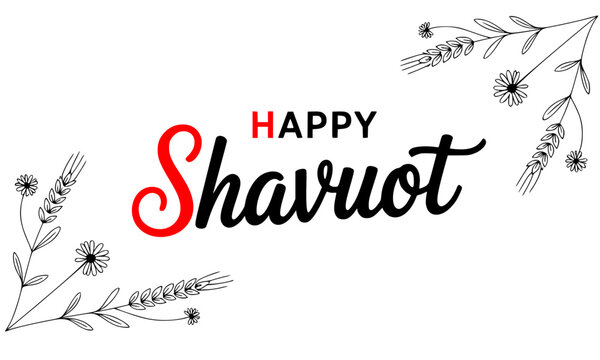 Happy Shavuot elegant greeting design with red cursive script and delicate floral and wheat corner decorations &mdash; Jewish holiday celebration banner on clean white background