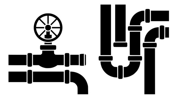 Set of Black Industrial Pipeline and Plumbing Icons with Valve and Pipe Fittings on White Background, Perfect for Engineering, Construction, and Infrastructure Design Projects