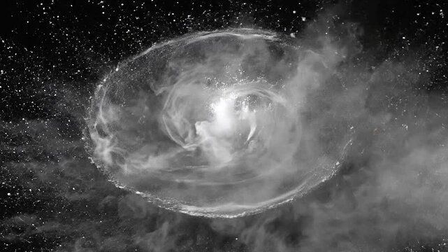 A white powder explosion creates a swirling vortex against a dark background