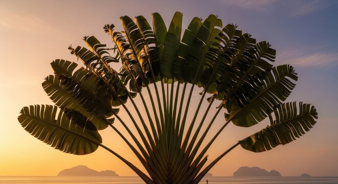A Traveler's Palm Tree Against a Tropical Sunset Sky