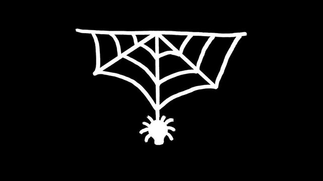 Spider hanging from web hand drawn animation, dangling arachnid, cobweb motion, creepy crawler, spinning silk, halloween insect, animated character, spooky net