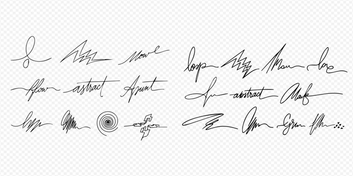 Set of abstract handwritten signatures and scribbles, vector illustration on transparent background.