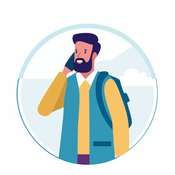 Man with beard talking on phone with backpack