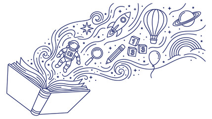 Open book shows astronaut rocket hot air balloon and space elements. © NAZMA