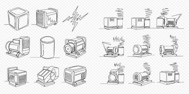 Set of hand-drawn sketches of various industrial equipment, including generators, motors, and pumps, with a lightning bolt symbol.