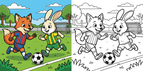 Naklejka premium pet animals playing chasing football soccer cartoon vector illustration lineart and clipart for children coloring book