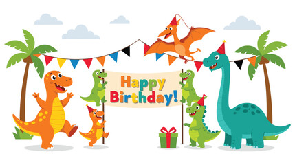 Cute cartoon dinosaurs celebrate birthday party with festive decorations. © NAZMA
