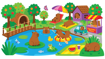 Obraz premium Family of cute capybaras having fun and relaxing in garden with pond area.