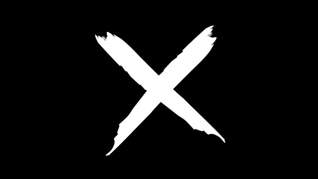 Hand-drawn white grunge x mark animation on black background, for overlay and motion